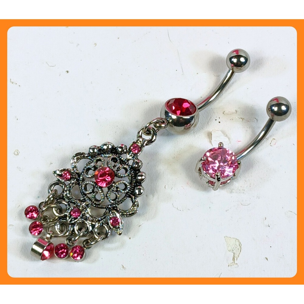 Vintage 90s Pink Rhinestone Belly Button Ring Set 14G 316L Surgical Steel 2pc